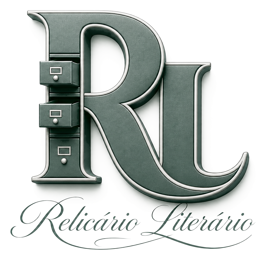 Relicário Literário em verde profundo, com as letras R e L e três gavetas de arquivo.